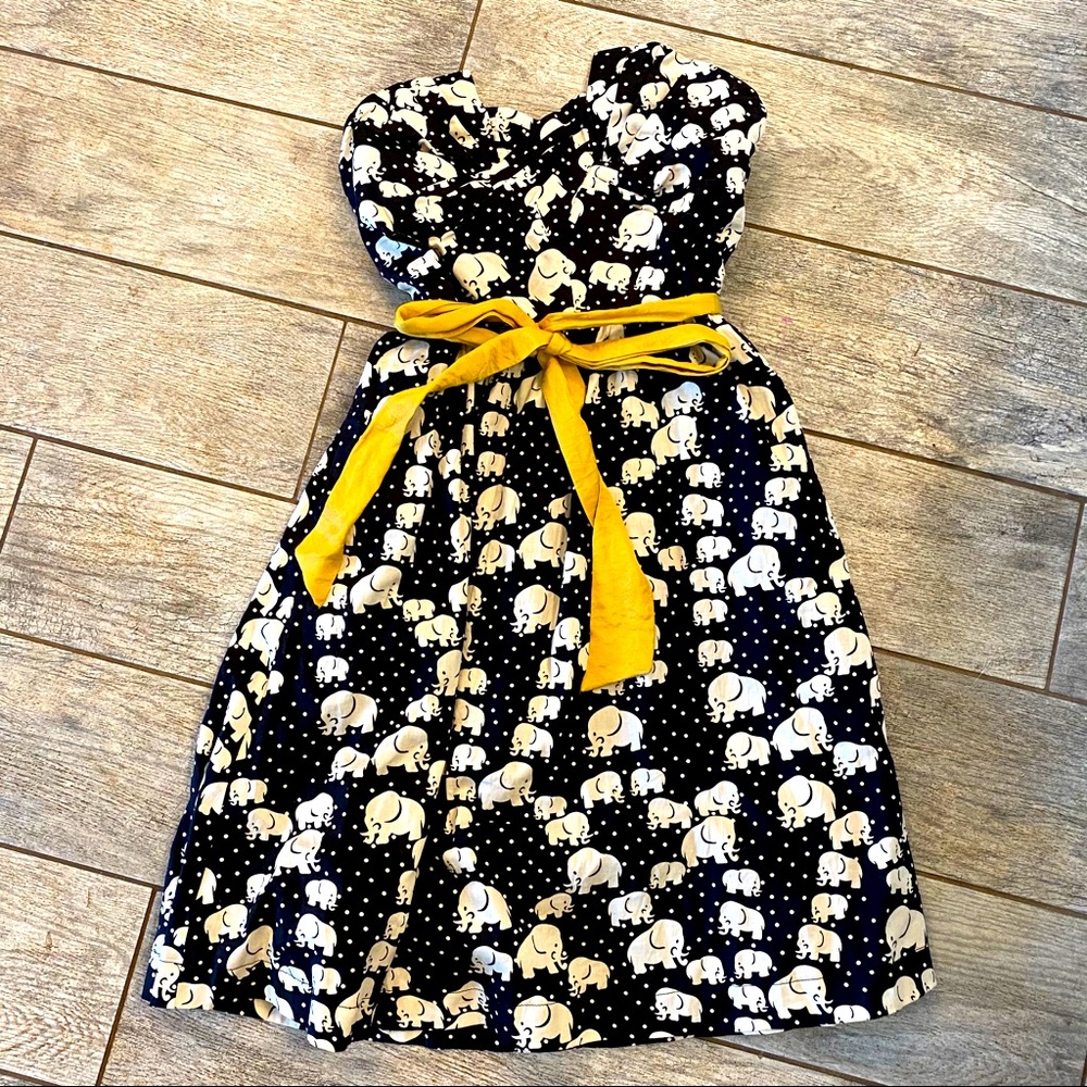Porridge Anthropologie elephant dress yellow tie